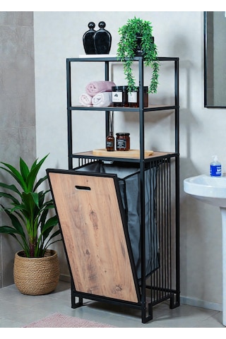 Dekoratif Kirli Sepetli Banyo Dolabı Ahşap Raflı Metal Gövdeli 3 Raflı Çamaşır Sepeti Banyo Düzenleyici Organizer Siyah