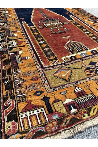 El Dokuma Antika Seccade 92x157 Kök Boya Yün Namazlık Sarı