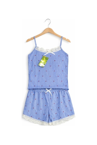 Belpa Sıla Sella Bamboo Kadın Şortlu Pijama Takımı Askılı Dantel Detaylı Mavi