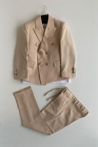 Gofre Kruvaze Ceketli Tişörtlü Çocuk Takım Elbise Bej Bej