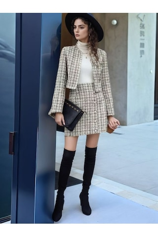 Reka Moda Kadın Uzun Kollu Önü Açık Düğme Detaylı Dokuma Ceket Etek Ikili Takım Beyaz