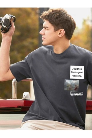 Füme Oversize Journey Baskılı T-shirt - Oversize Baskılı Gri