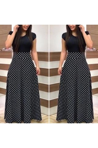 Kadın Kısa Kollu Puan Desen Tam Boy Krep Elbise Siyah