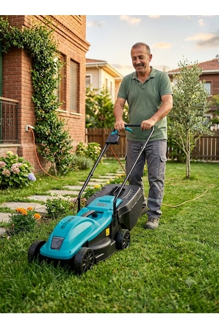 Steiner 1200w Elektrikli Bakır Sargılı Tekerlekli Çim Biçme Makinesi Mavi 30 Litre Toplama Torbalı