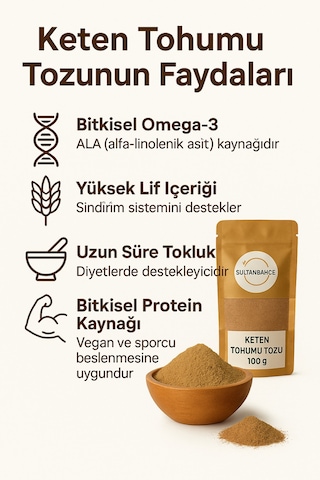 Sultanbahçe Keten Tohumu Tozu 100 G Öğütülmüş Lif Ve Omega 3 Kaynağı Vegan Diyet Dostu Doğal Ürün