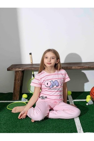 Kız Çocuk Desenli Pembe Pijama Takımı-1259 Pembe
