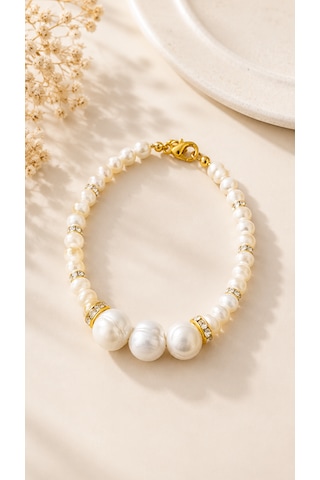 İncisi Bileklik - Tatlı Su Kültür İncisi 4-8 Mm - 316l Çelik Gold Aparatlı Kadın Bileklik Beyaz