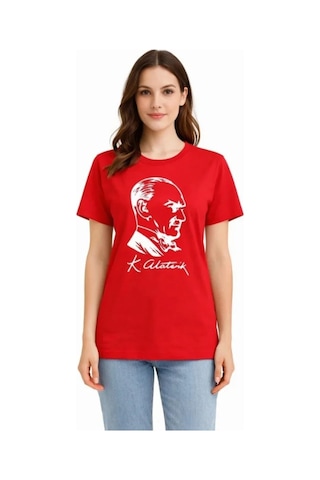 Butik İstanbul Atatürk Baskılı Tişört Kısa Kollu Bisiklet Yaka T-shirt - Kırmızı