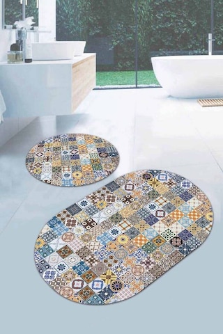Mavi Çini Desenli Banyo Halısı Klozet Oval Paspas Seti Bs084n11