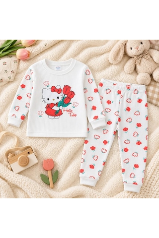 Polifoni Kız Çocuk Kedi Figürlü Pijama Takımı Beyaz