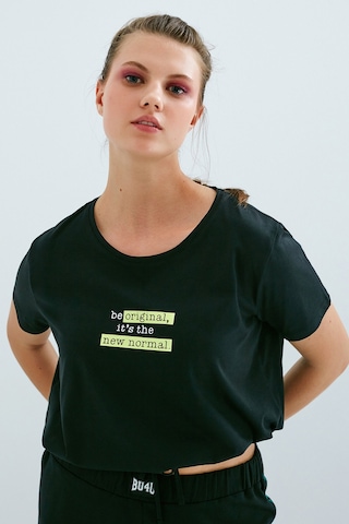Penti Siyah Bu4u Slogan Kısa Kollu Tişört Pijama Üstü Siyah