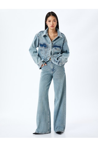 Koton Cepli Taş Detaylı Düğmeli Denim Ceket Açık İndigo 5sal50009md Açık İndigo