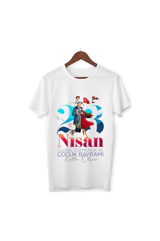 Alpşan Ticaret 23 Nisan Tişört 23 Nisan T-shirt Beyaz Çocuk Yetişkin Tişört Unisex T-shirt Çocuk Bayramı 56 Beyaz