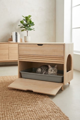 Reyo Pet Premium Zenith Soft Tek Çekmeceli Kapalı Kedi Tuvaleti Dolabı Masif Ahşap, Kapalı Kedi Tuvaleti