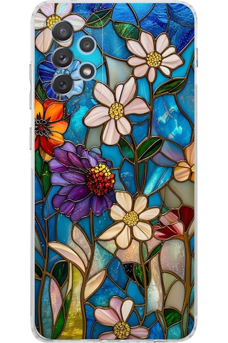 Printify Samsung Galaxy A72 İle Uyumlu Vitray Mavi Bahar Tasarımlı Şeffaf Silikon Kılıf Şeffaf