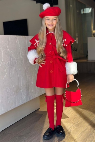 Riccotarz Kız Çocuk Boydan Yakası İnci Taş İşlemeli Şal Detaylı Kemerli Kırmızı Kaşe Kırmızı