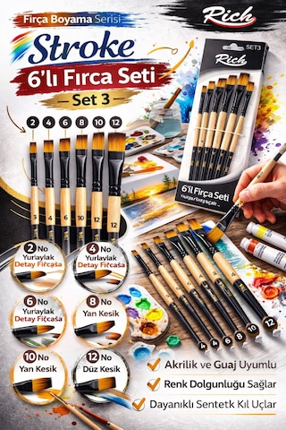 6 Lı Stroke Fırça Seti Set 3 Yan Kesik,düz Kesik,detay Fırçası Akrilik&guaj Uyumlu Profesyonel Set