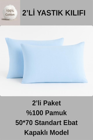 Oznhome %100 Pamuklu 2'li Yastık Kılıfı 50 70 Yastık Kılıfı Açık Mavi