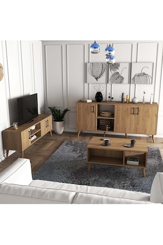 Ahşap Ayaklı Tv Ünitesi - Orta Sehpa - Konsol Seti Sepet Rengi Set 1586-2076-1626