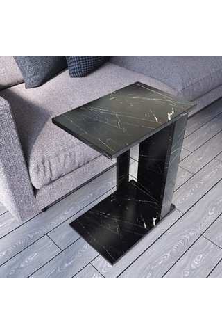 Pasific Home Single Çok Amaçlı Tekerlekli C Sehpa ,Koltuk Sehpası - Siyah Mermer