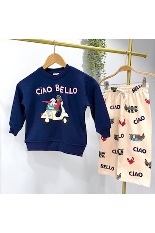 Ciao Bello Baskılı Lacivert Sweatshirt Ve Desenli Eşofman Altı Unisex 3ip Alt Üst Takım