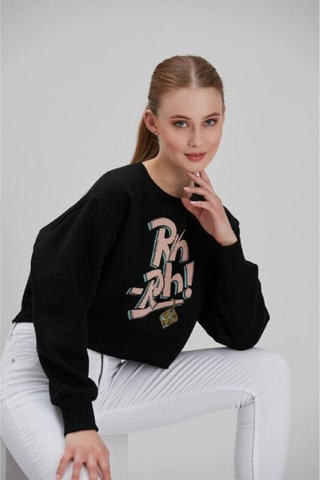 Meecy Kadın Siyah Baskılı Sweatshirt Siyah Siyah