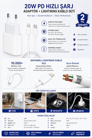 İphone Şarj Aleti 20w Hızlı Şarj Adaptörü Usb-c Lightning Kablo Seti İphone 14 13 12 11 Uyumlu