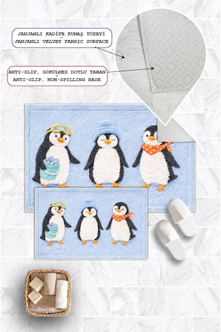 Penguen Desenli Dijital Baskılı Yıkanabilir 2li Banyo Paspası 50x60-60x100 Açık Mavi