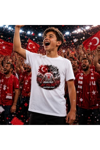 Bk Gift Kişiye Özel Türkiye Taraftar Temalı 2026 Dünya Kupası Tasarımlı Çocuk Tişört-4, Tek Yürek Milli Takım Ruhu Beyaz