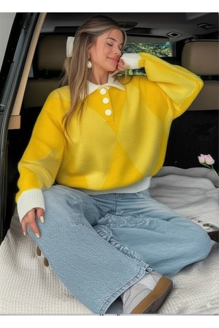 Flex Fashıon Kadın Polo Yaka Trend Oversize Popüler Triko Kazak Sarı Sarı - 744392241 Sarı - 744392241 Sarı