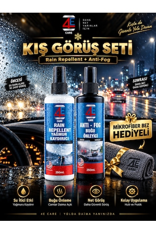 4e Care 2'li Kış Görüş Seti: Yağmur Kaydırıcı & Buğu Önleyici Sprey Net Görüş Paketi 250 Ml