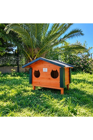 2 Yuvalı Ahşap Dış Mekan Kedi Evi