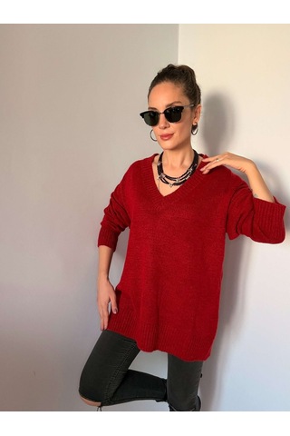 Ali Butik Kırmızı V Yaka Kazak Kırmızı