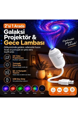 2'si 1 Arada Galaksi Projektör Gece Lambası 360 Esnek Boyunlu Usb Led Yıldız Projeksiyon, Ayarlanabilir Işık
