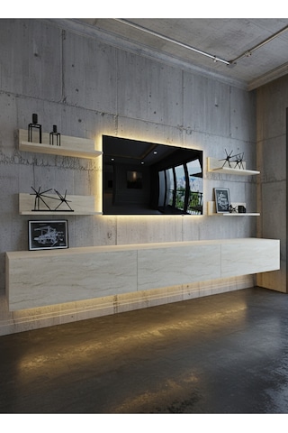 Resital Ledli Duvara Monte Tv Sehpası - Traverten - W6020-8 Traverten