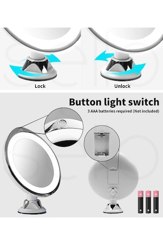 Vkemall 10x Büyüteçli Makyaj Aynası Led Işık Kozmetik Banyo Yuvarlak 360 Dönme
