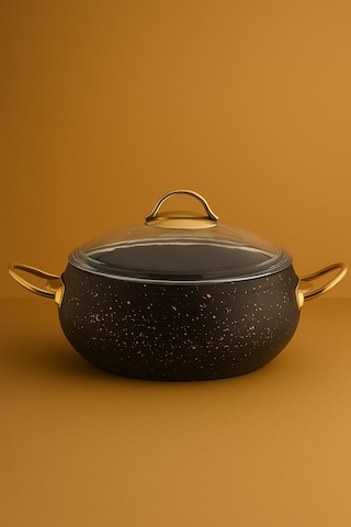 Yunusoğlu Home Granit Xxl Tencere 30 Cm 7.5 Litre, Gold Kulplu, Yanmaz Yapışmaz, Cam Kapaklı Koyusiyah