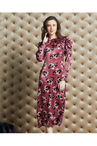 Serpil Exclusive Emprime Desenli Saten Dokulu Midi Elbise Şık Ve Modern Stil Bordo
