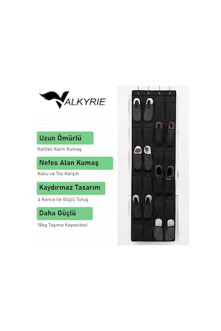 Valkyrie Kapı Arkası Ayakkabı Organizer 24 Gözlü Askılı Dolap İçi Düzenleyici 4 Kancalı Siyah siyah