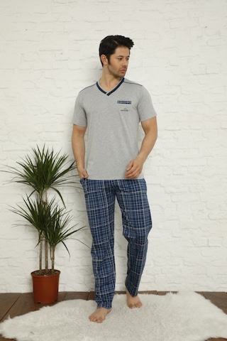 Alimer Erkek V Yaka Ekose Desen %100 Pamuk Kısa Kol Cepli Pijama Takımı Gri