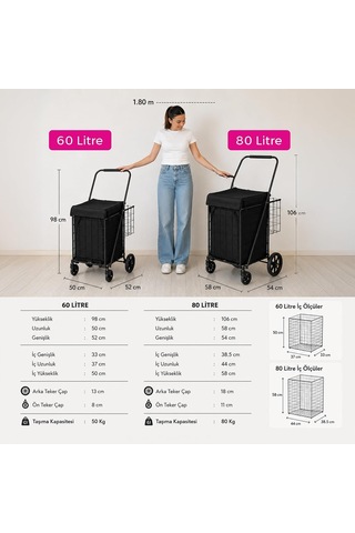 4 Tekerlekli 60 L Katlanabilir Kılıflı Pazar Arabası 360 Dönebilen Metal İskeletli Siyah Alışveriş Arabası