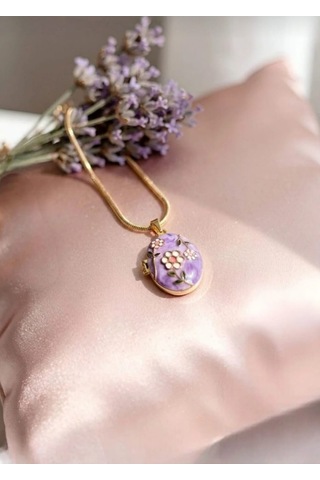 Lunarie Açılır Foto Madalyon Kolye 14k Gold Lila Mor Mineli Çiçek