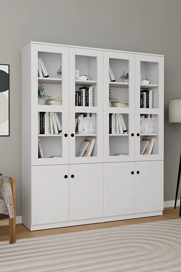 Lisa 8 Kapaklı Beyaz Vitrin Seti - Kitaplık Ve Çok Amaçlı Dolap Beyaz