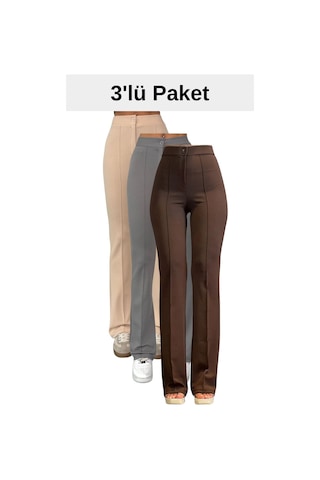 Thiff Gymwear Krep Kumaş Likralı Kadın Palazzo Pantolon 3'lü Set Bej-Gri-Kahverengi