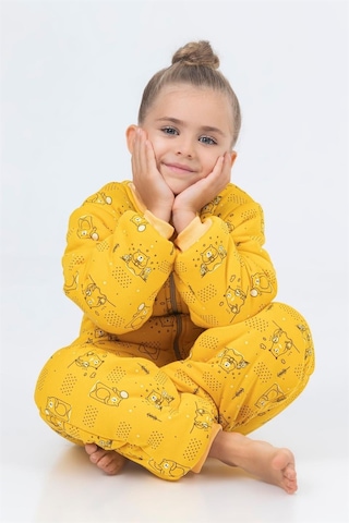 Kız Erkek Çocuk Kalın Elyaf Dolgulu Premium Kalite 2.5 Tog Desenli Uyku Tulumu Ekru - Sarı