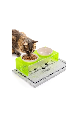 Gobypet 2'li Yeşil Pleksi Dekoratif Kedi Ve Köpek Seramik Mama & Su Kabı + Paspas