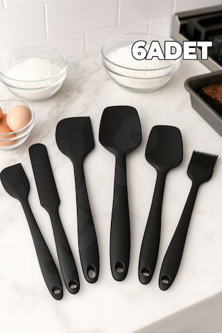 6 Adet Spatula Seti - 1. Kalite Çelik Silikon - Pastacı Spatula Seti - Isıya Dayanıklı Yapışmaz Siyah