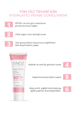 Sinoz Pink Touch Spf 50 Cilt Aydınlatıcı Ton Eşitleyici Pembe Yüz Tüm Ciltler İçin Güneş Kremi 50 ML