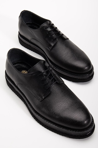 Hakiki Deri Erkek Klasik Ayakkabı Siyah Kalın Taban Bağlı Yüzüdüz-4102 Siyah