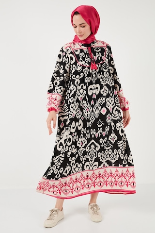 Lela Modest Desenli Regular Fit Bağlamalı V Yaka Maxi Bayan Elbise 611El510 Siyah